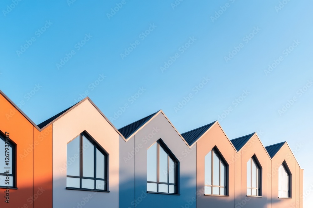 Modern Architecture with Gabled Roofs Against Blue Sky Modern Architecture with Gabled Roofs Against Blue Sky
