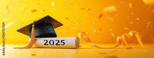 Graduation hat with diploma and books on dark table against white background, yellow background