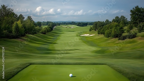 Golf swing action at scenic golf course outdoor landscape nature photography beautiful day wide-angle view sports concept for enthusiasts