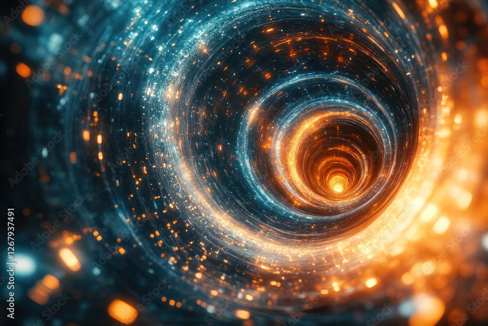 Abstract swirling vortex of teal and orange energy, cosmic tunnel, digital art. Abstract swirling vortex of teal and orange energy, cosmic tunnel, digital art.