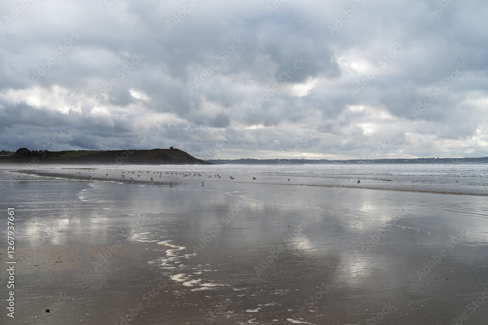 Fototapeta premium Reflets des nuages sur le sable mouillé de la plage de Lestrevet, créant un miroir naturel sous une lumière douce, sur une plage du Finistère en Bretagne.