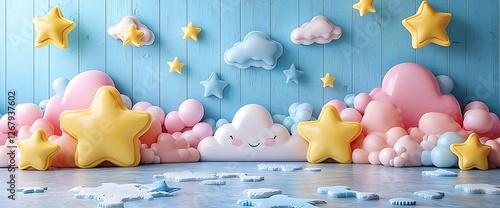 Pastel clouds, stars backdrop; baby photoshoot