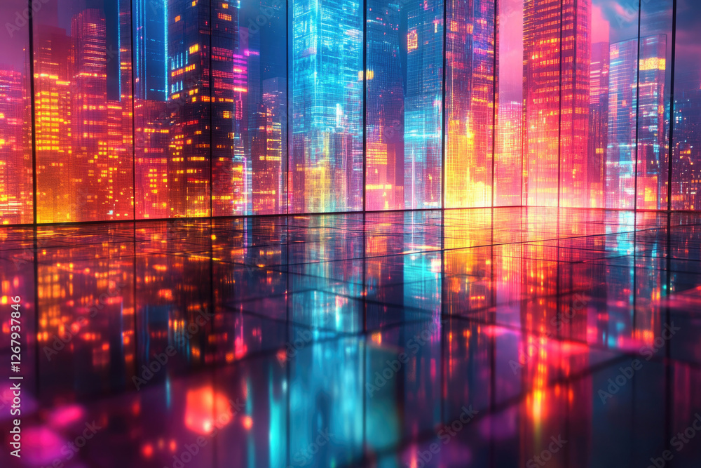 Neon-lit cityscape reflected on a glossy floor, vibrant colors and futuristic architecture. Neon-lit cityscape reflected on a glossy floor, vibrant colors and futuristic architecture.