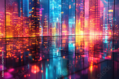 Wallpaper Mural Neon-lit cityscape reflected on a glossy floor, vibrant colors and futuristic architecture. Torontodigital.ca