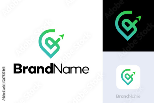 Guide location arrow Logo, letter G logo integrated icon location pin and arrow, Creative simple modern destination guides navigation Logo, Icon transportation and travel design Inspiration.