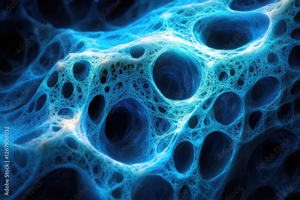 Abstract blue fractal, intricate network of interconnected cavities resembling a porous structure or cellular network. Abstract blue fractal, intricate network of interconnected cavities resembling a porous structure or cellular network.