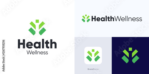 Health and wellness logo design, unique green people convey health, vitality and happiness, icon simple modern concept logo for health care business, meditation, relaxation, spa, wellness or fitness.