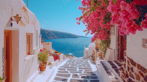 Fototapeta Naklejka Na Ścianę i Meble -  beautiful bougainvillea blooming on the whitewashed streets of santorini, greece, capturing the vibrant charm and beauty of mediterranean village life