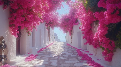 Fototapeta Naklejka Na Ścianę i Meble -  beautiful bougainvillea blooming on the whitewashed streets of santorini, greece, capturing the vibrant charm and beauty of mediterranean village life