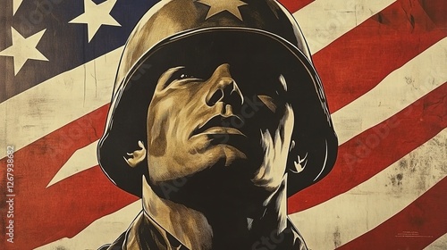 World War II propaganda poster featuring a soldier gazing upward with an American flag background