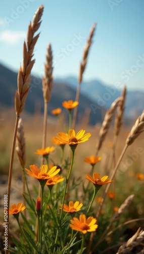 Desert wildflowers bloom among dry reed stalks, natural, wildflowers