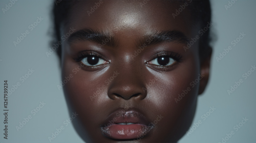 A Black woman gazes directly at the viewer, her deep-set eyes conveying emotion against a softly lit background A Black woman gazes directly at the viewer, her deep-set eyes conveying emotion against a softly lit background