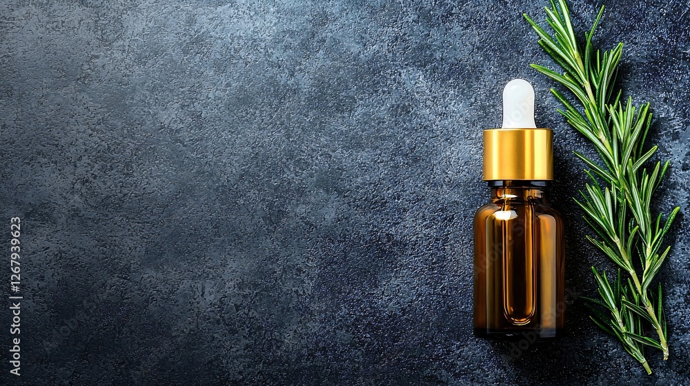 Fototapeta premium Rosemary essential oil bottle on dark background