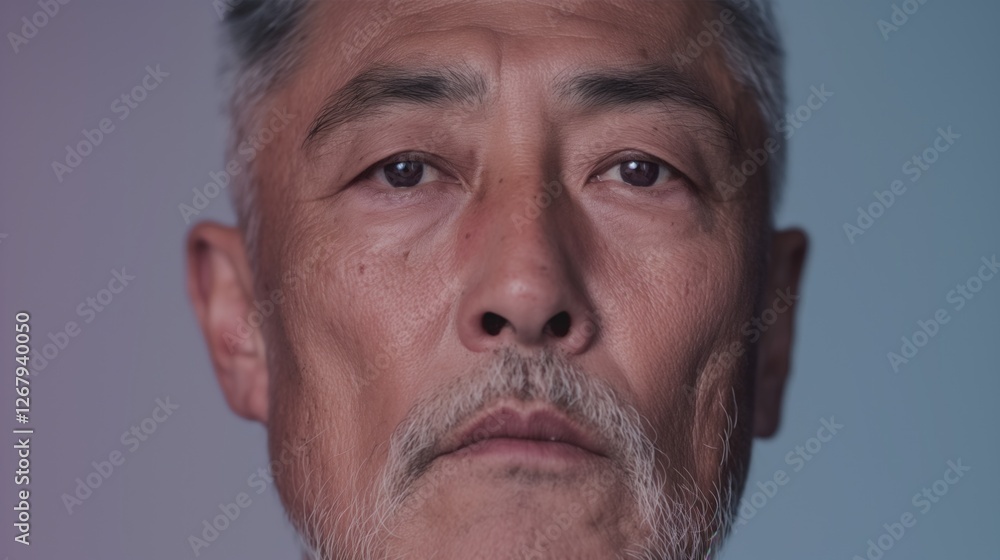 Fototapeta premium A dignified East Asian man gazes intently, showcasing his rich life experience against a softly lit backdrop