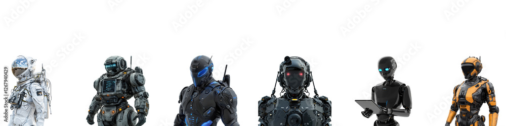 Futuristic robots and cyborgs collection set isolated on transparent background Futuristic robots and cyborgs collection set isolated on transparent background