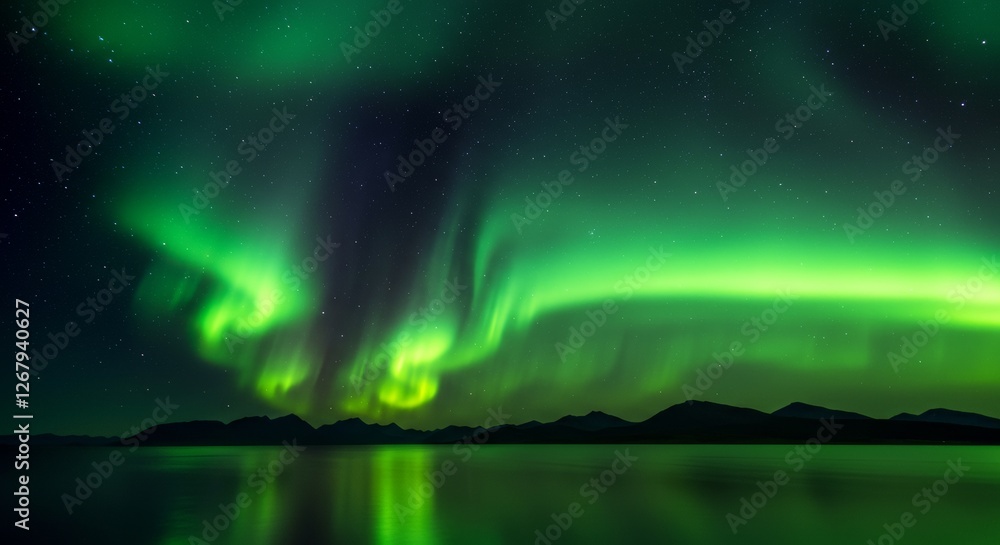 Stunning photograph of the Northern Lights over a calm lake, with green streaks in the sky and their reflection on the water, surrounded by dark silhouetted mountains.
Stunning photograph of the Northern Lights over a calm lake, with green streaks in the sky and their reflection on the water, surrounded by dark silhouetted mountains.