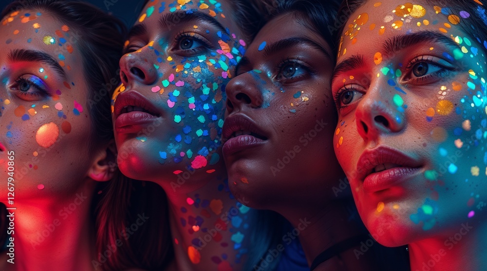 Obraz premium Vibrant Surreal Portrait Collage with Colorful Faces and Kaleidoscopic Lighting – Futuristic Abstract Realism