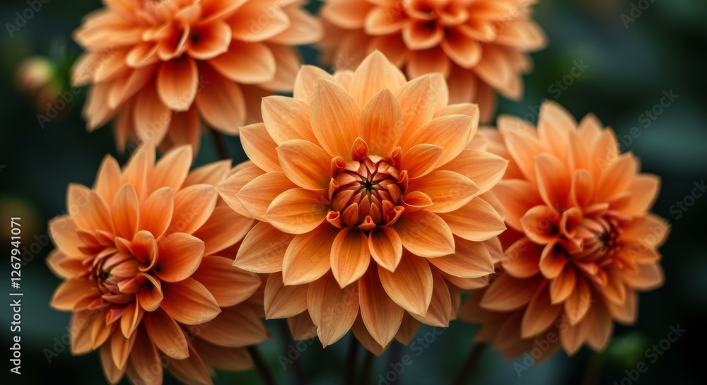 Close-up photograph of vibrant orange dahlia flowers in full bloom, with soft, dreamy background and delicate velvety petals.
Close-up photograph of vibrant orange dahlia flowers in full bloom, with soft, dreamy background and delicate velvety petals.