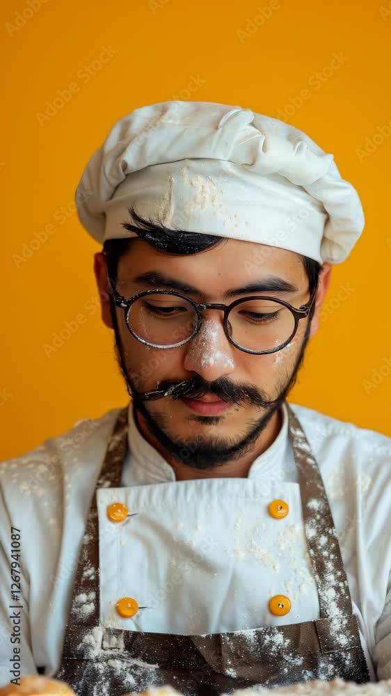 Baker smiling with flour on his face in vibrant yellow kitchen Baker smiling with flour on his face in vibrant yellow kitchen