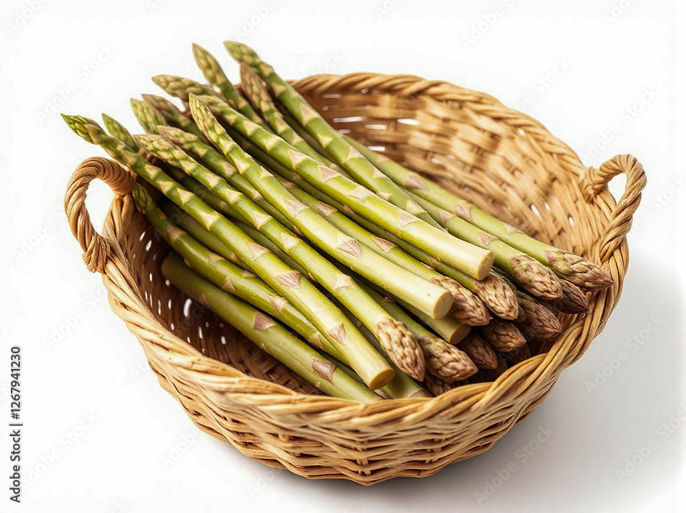 Green asparagus in a wicker basket on a white background. Top view. Close-up. Green asparagus in a wicker basket on a white background. Top view. Close-up.