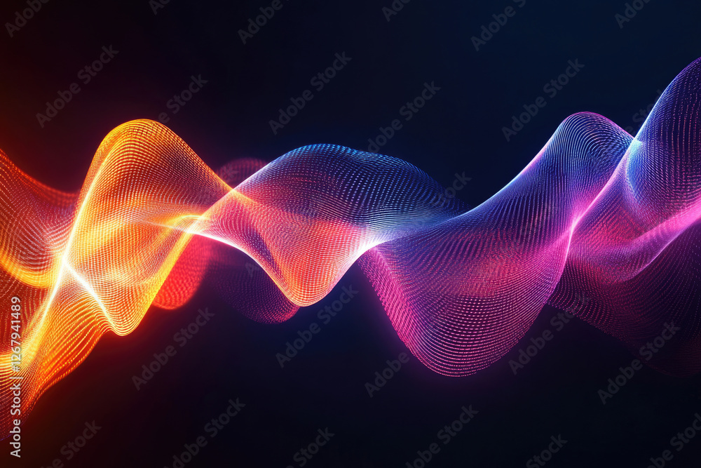 Fototapeta premium Abstract flowing wave of vibrant orange, red, and purple particles on a dark background.