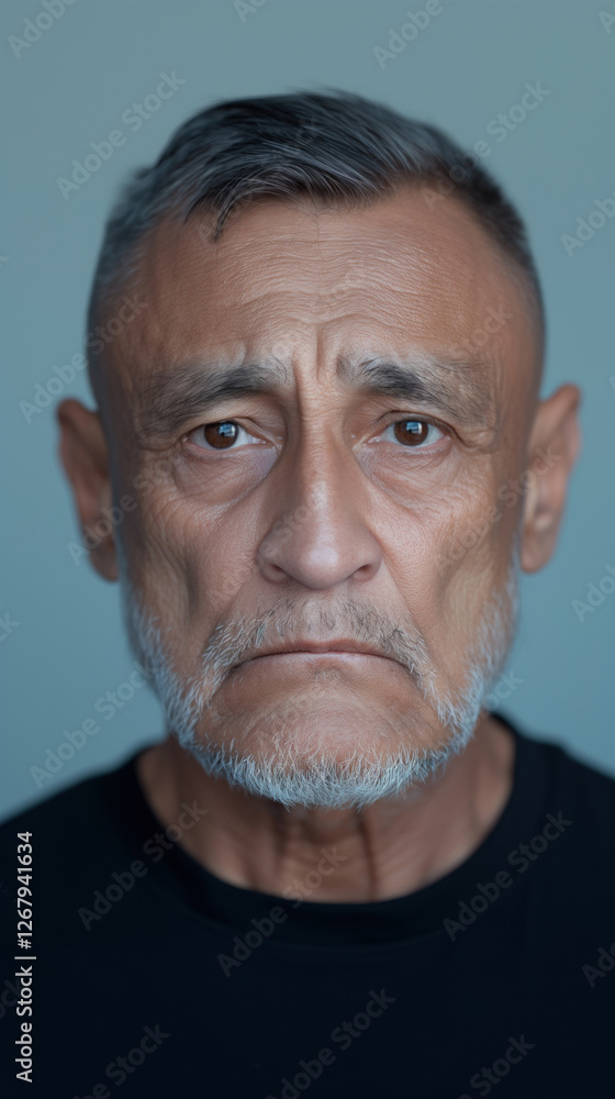 A Hispanic man stares intensely with a serious expression against a simple background, showcasing deep emotions and character A Hispanic man stares intensely with a serious expression against a simple background, showcasing deep emotions and character