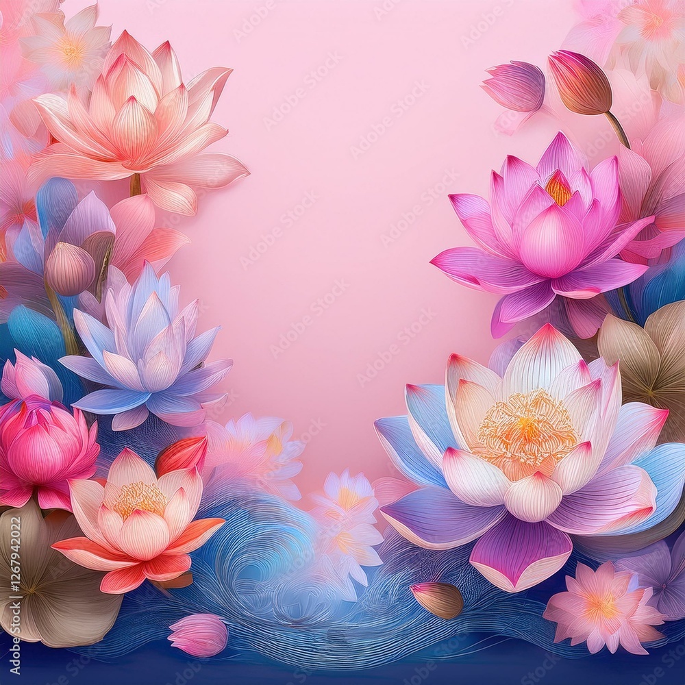 Obraz premium Beautiful border frame of water lotus flowers background concept graphic resource