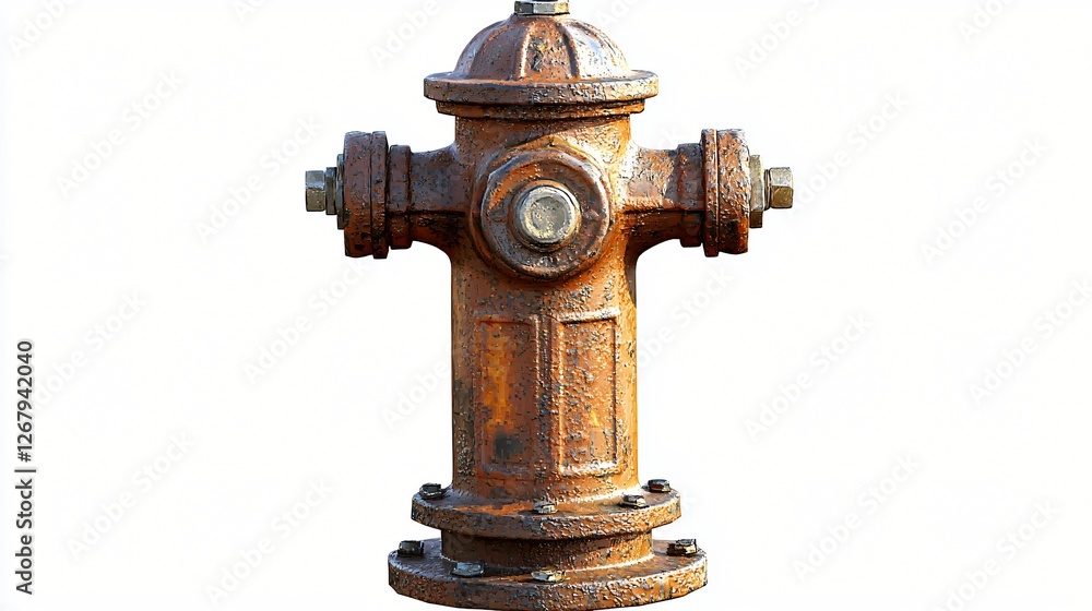 Fototapeta premium Rusty fire hydrant, urban setting, white background, safety