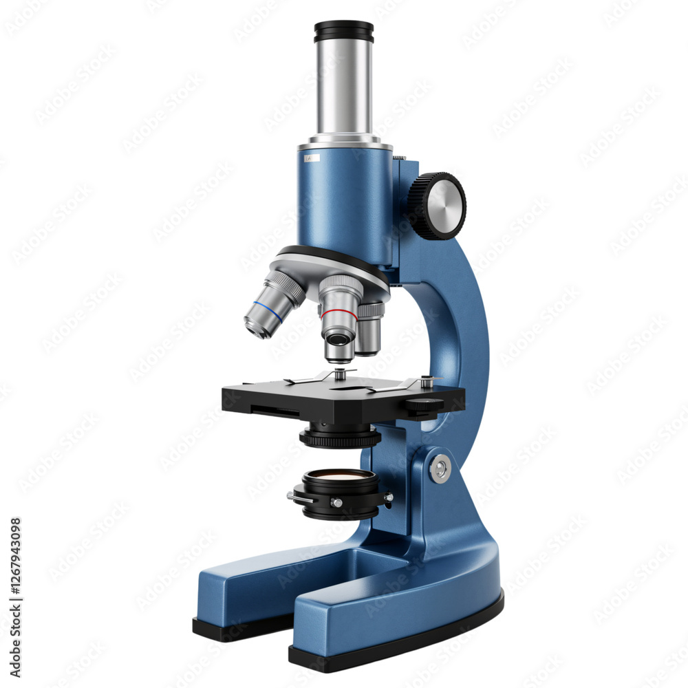 A high-quality, full shot of a classic blue microscope, isolated on a white background A high-quality, full shot of a classic blue microscope, isolated on a white background