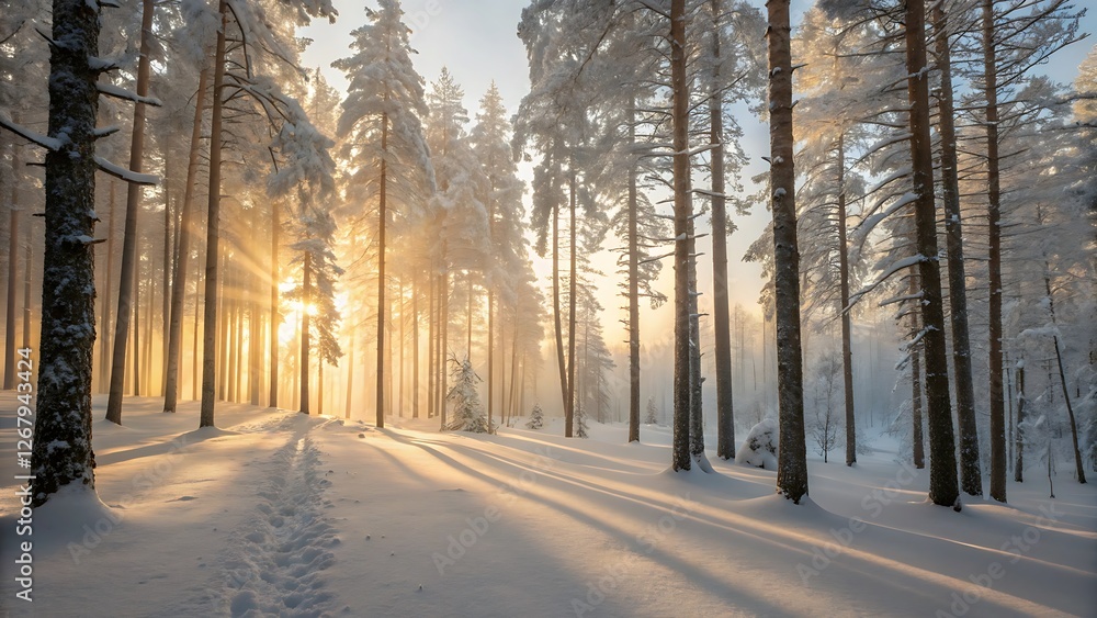 Enchanting Winter Forest with Golden Sunset Rays Shining Through Snow-Covered Trees in a Serene Landscape Enchanting Winter Forest with Golden Sunset Rays Shining Through Snow-Covered Trees in a Serene Landscape