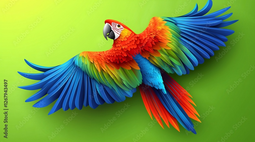 Obraz premium Scarlet Macaw in flight, green background, vibrant plumage, tropical bird