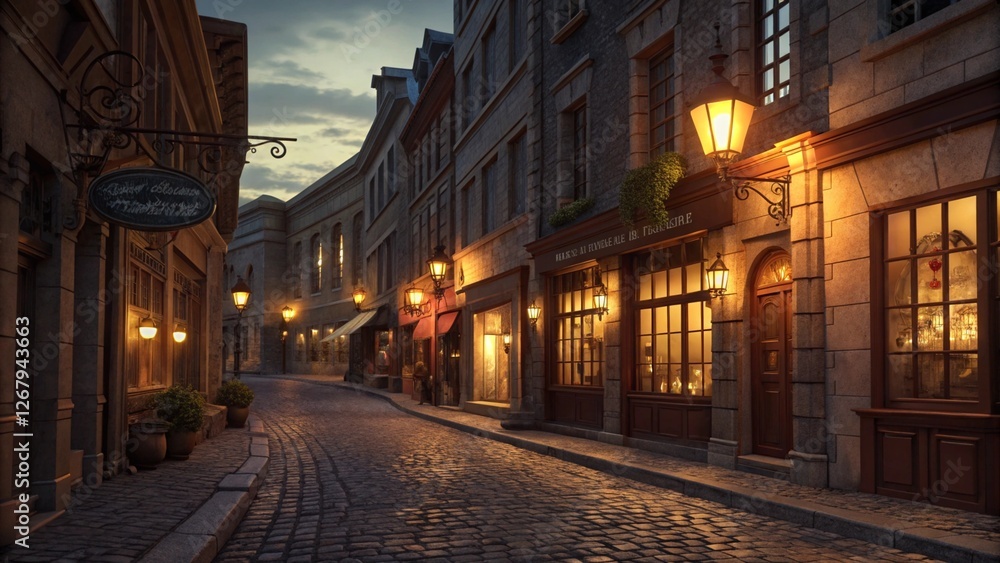 Fototapeta premium Historic European cobblestone street at night, warm lanterns casting long shadows, charming vintage storefronts. Ultra-detailed, high-resolution 8K.