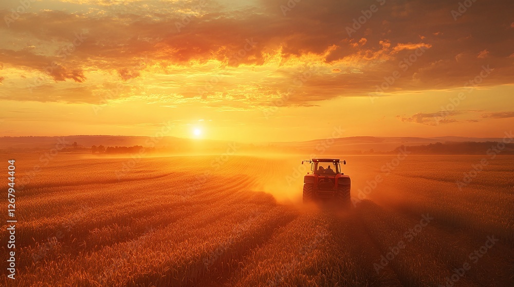 Fototapeta premium tractor harvesting wheat in a golden field at sunset, kicking up a dust cloud while working hard to complete the autumn harvest in the countryside