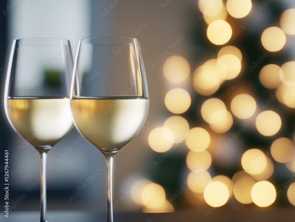 two glasses of white wine with blurred lights two glasses of white wine with blurred lights