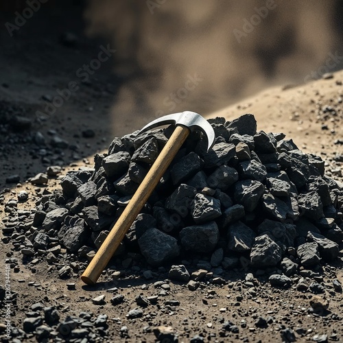 Shiny pickaxe positioned against a mound of coal in a rugged mining area