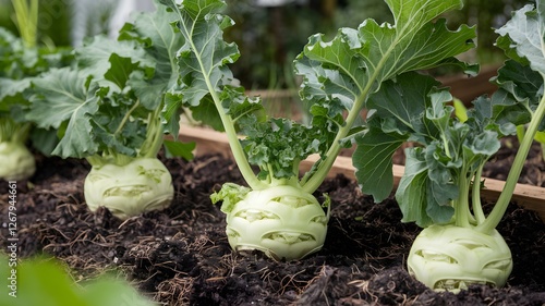 Kohlrabi bulbs in a vegetable garden bed.