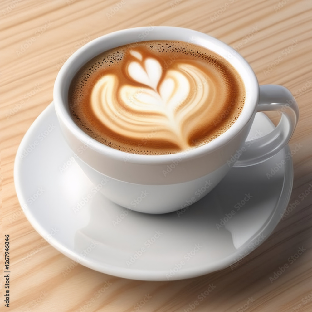 White cup on the table, decorative drawings on coffee. Cappuccino, latte design. Top view. Macro photography. Realistic food illustration for advertising design White cup on the table, decorative drawings on coffee. Cappuccino, latte design. Top view. Macro photography. Realistic food illustration for advertising design