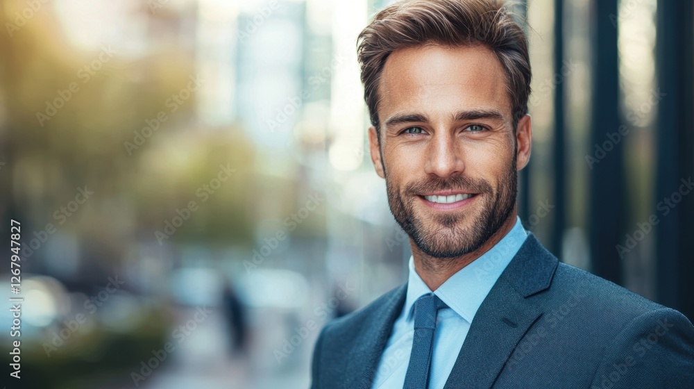 Fototapeta premium Confident businessman in a suit, looking directly at the camera with a professional smile.