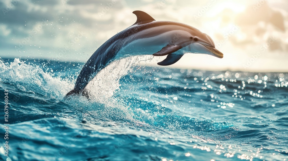 Fototapeta premium Dolphin leaping out of the turquoise ocean, water droplets sparkling in the sunlight.