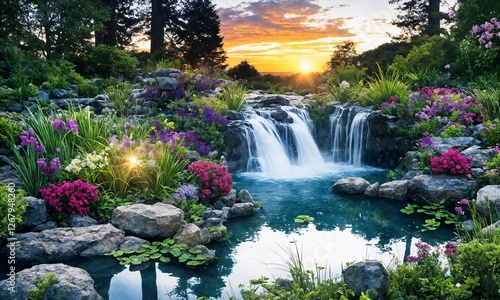 Charming Backyard Sanctuary with a Waterfall and Natural Rock Pool – Serene Sunrise Over a Tranquil Garden