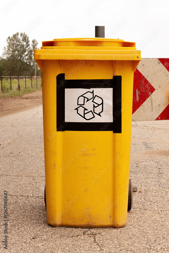 Yellow recycling bin with symbol on a road
Yellow recycling bin with symbol on a road