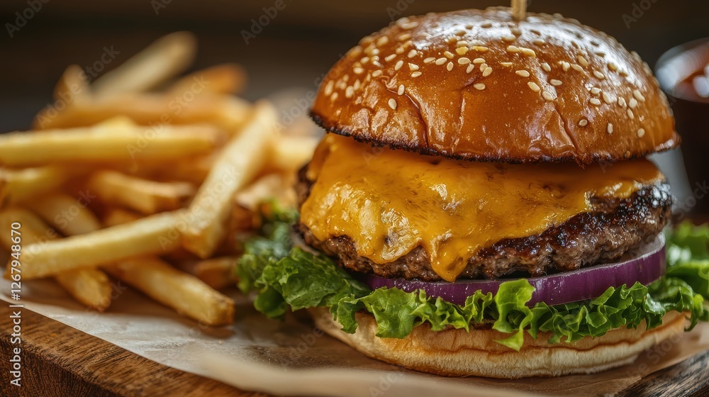 Juicy burger with melted cheese, crisp lettuce, and golden fries on the side. Juicy burger with melted cheese, crisp lettuce, and golden fries on the side.