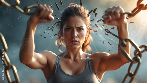 Strong woman breaks chains, symbolizing empowerment, freedom, and breaking barriers