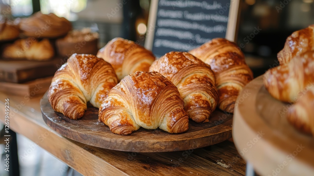 A tray of hot, buttery croissants resting on a wooden bakery counter. A tray of hot, buttery croissants resting on a wooden bakery counter.