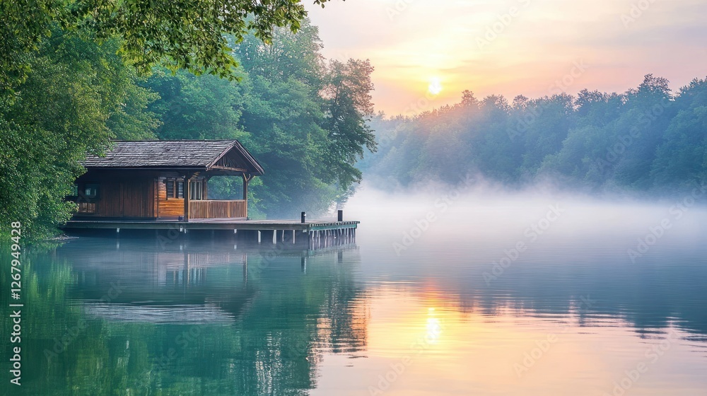 Fototapeta premium Wooden Cabin Lakeside Sunrise Misty Morning