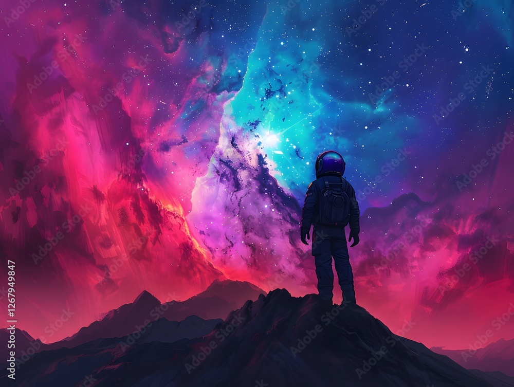 Obraz premium Astronaut Silhouette Gazing at Cosmic Nebula and Galaxy in Dramatic Landscape