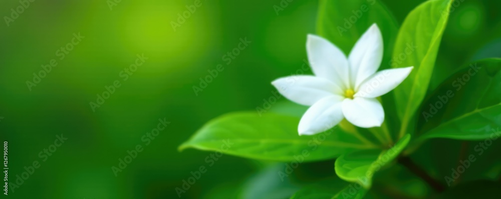 Green foliage surrounding a single white jasmine in full bloom, stem, green Green foliage surrounding a single white jasmine in full bloom, stem, green