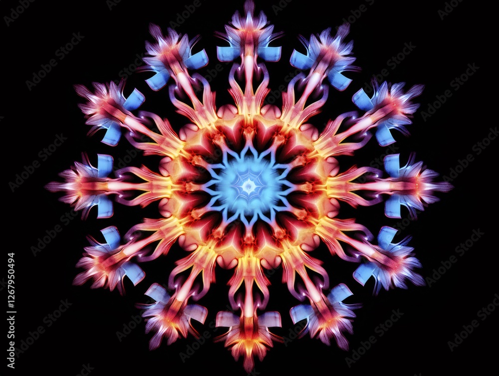 Colorful fractal snowflake design, black background, digital art, holiday d??cor Colorful fractal snowflake design, black background, digital art, holiday d??cor