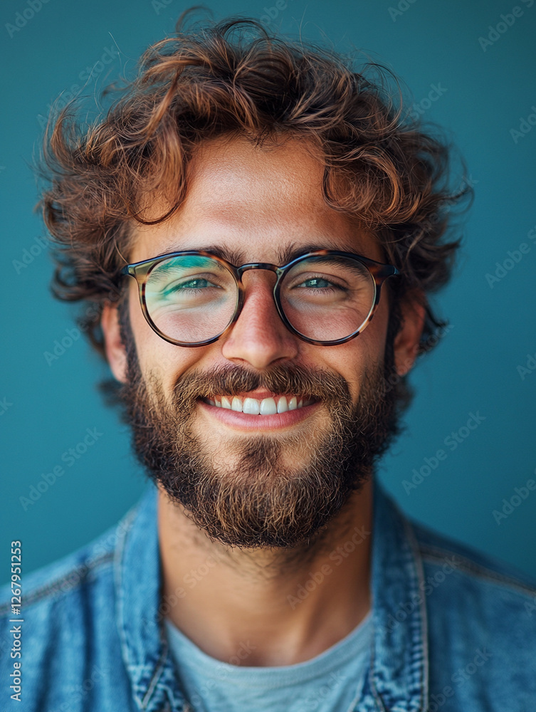 Young man with glasses smiling against blue background Young man with glasses smiling against blue background