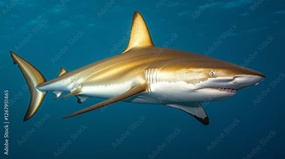 Fototapeta premium Shark swimming gracefully in clear water with sun rays penetrating the surface